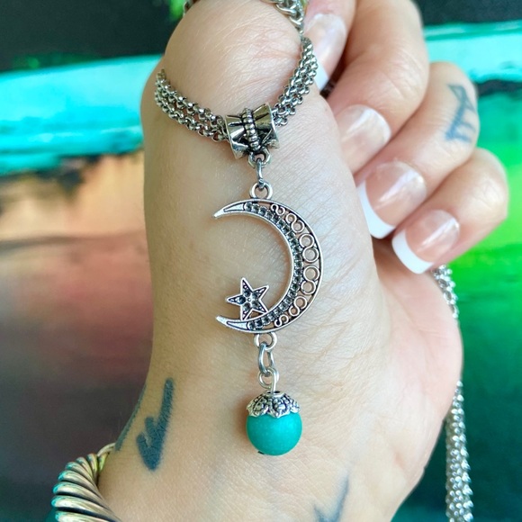 Stainless steel double chain moon star & turquoise - Picture 4 of 9